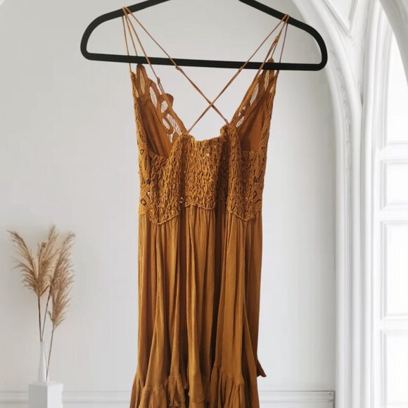 Free People One Womens Adella Slip Dress Golden Yellow Lace Spaghetti Strap - Picture 3 of 7